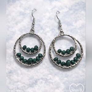 Silver and Green Beaded Earrings